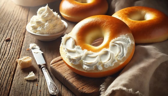 DALL·E 2025-03-11 12.42.14 - A delicious bagel with smooth, creamy cream cheese spread generously on top. The bagel is golden brown, slightly toasted, with a soft interior. The cr